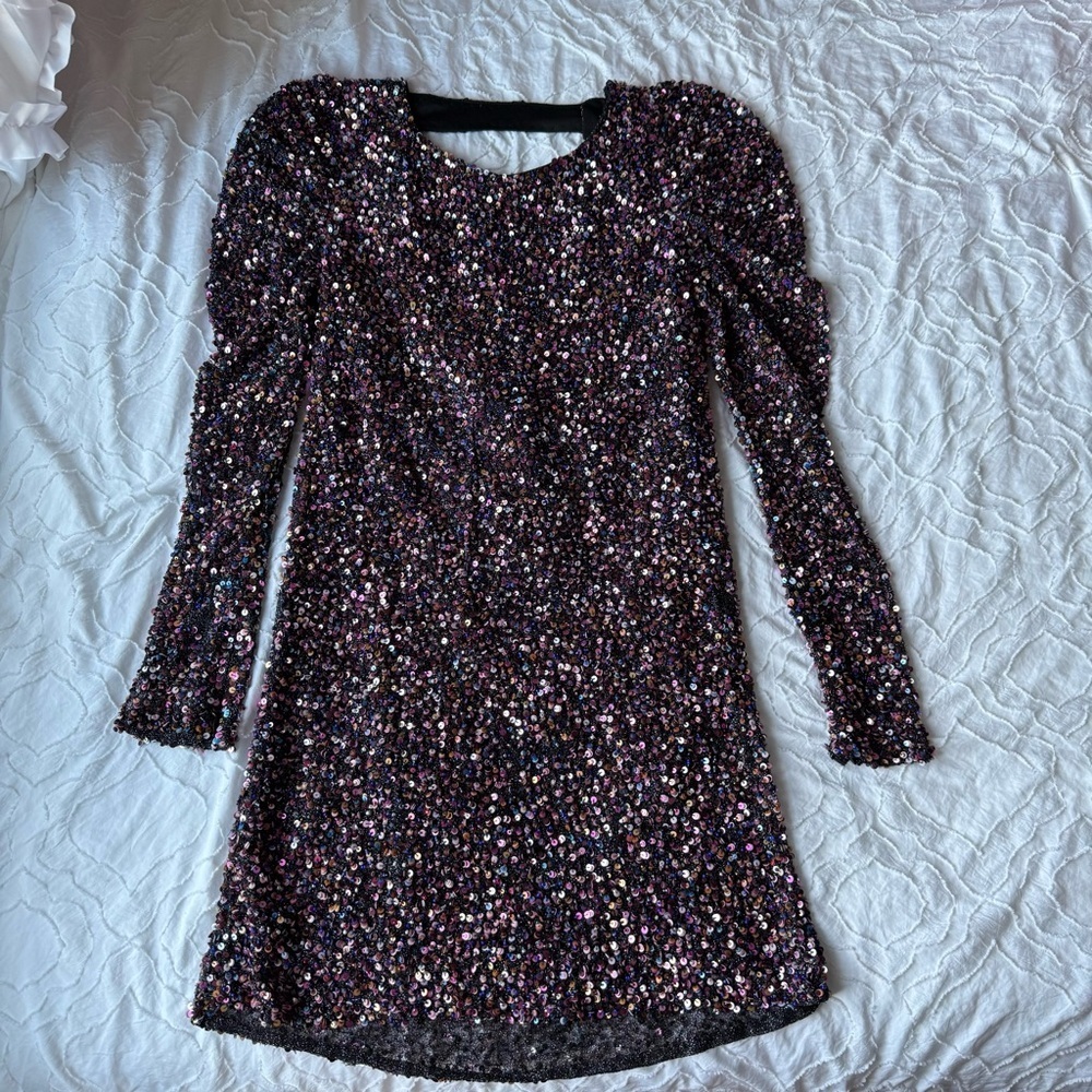 Parker Multicolor Sequin Long Sleeve Dress Open Back Detail